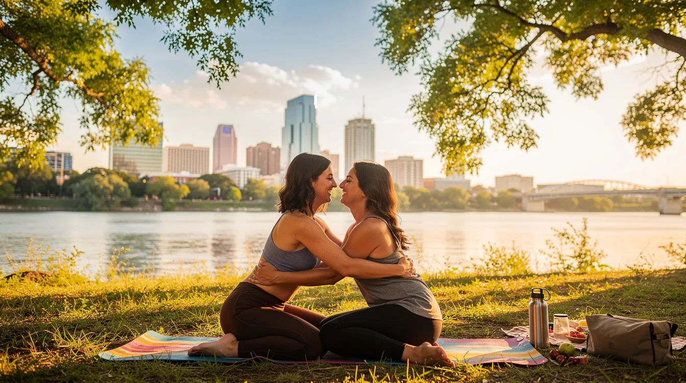 A couple practicing yoga outdoors at Lady Bird Lake in downtown Austin, TX, enjoys a romantic date surrounded by the city's skyline and the serene water. The atmosphere is peaceful, perfect for connecting with one another while soaking in the beautiful Austin sunset.