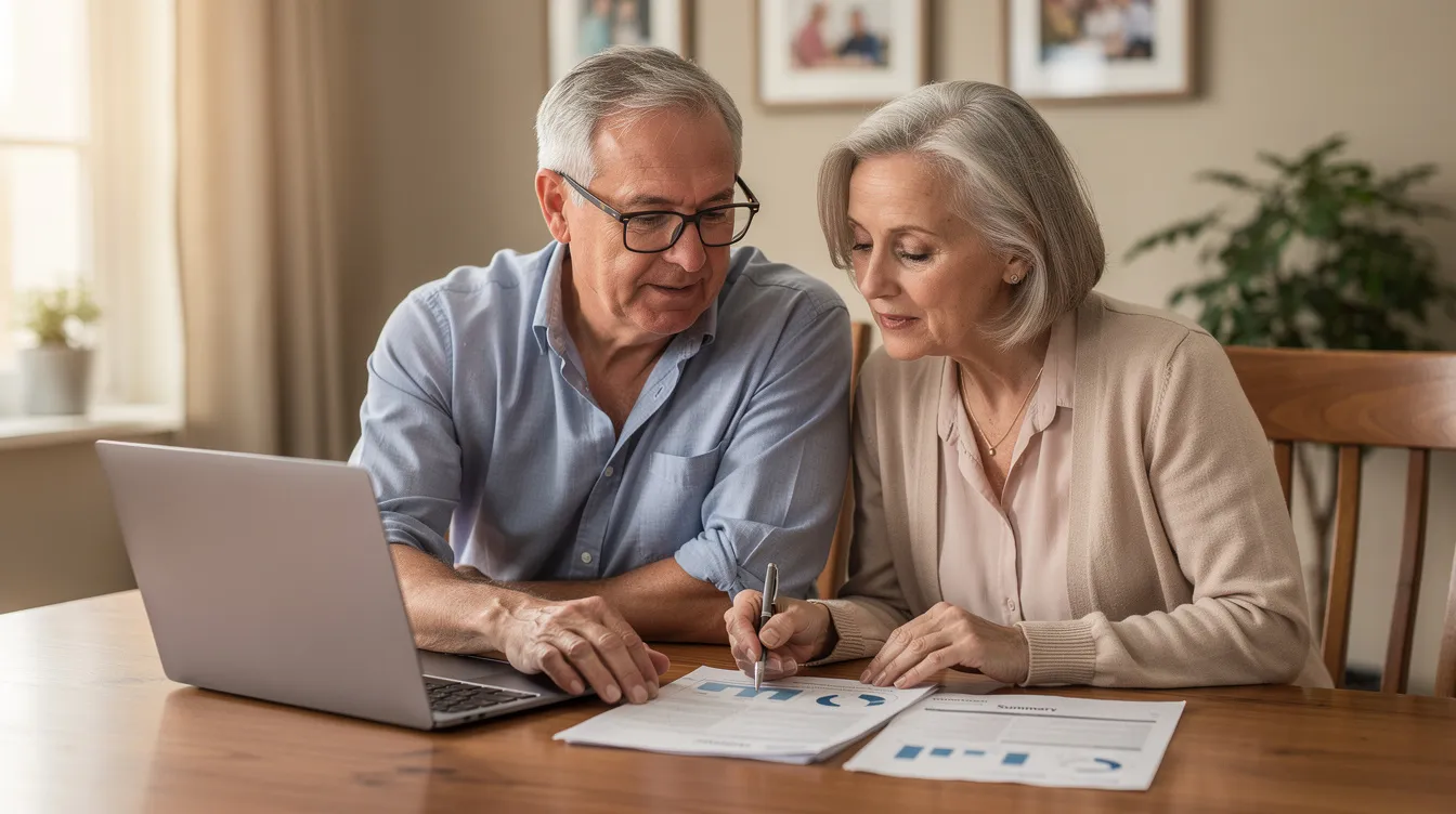 A retired couple sits closely together at a table, reviewing financial documents and a laptop, discussing details about their income payments, annuity contracts, and investment returns. They appear engaged and thoughtful as they assess their fixed and variable annuities, considering their financial future.