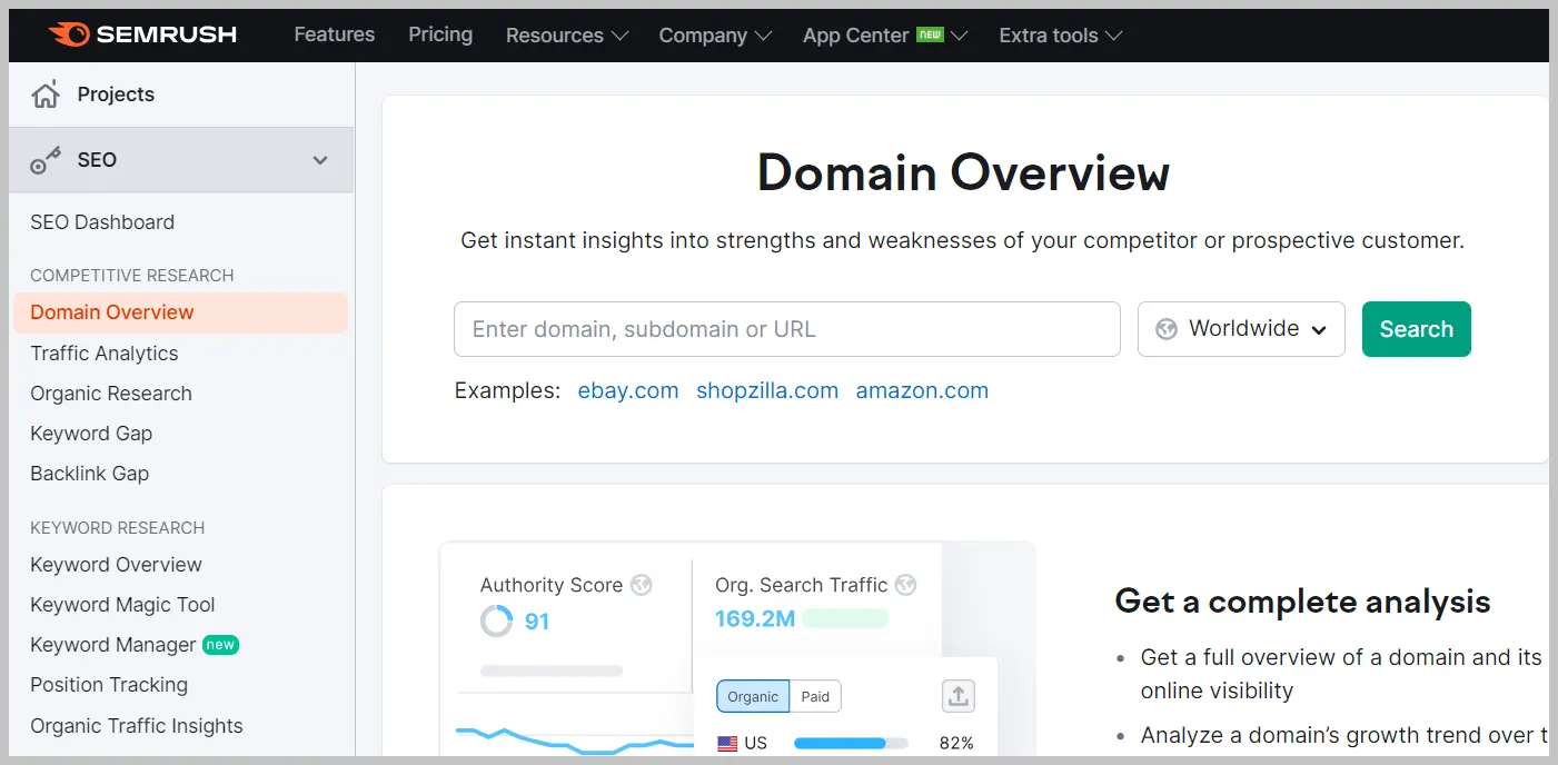 Screenshot of SEM RUsh Domain Overview webpage