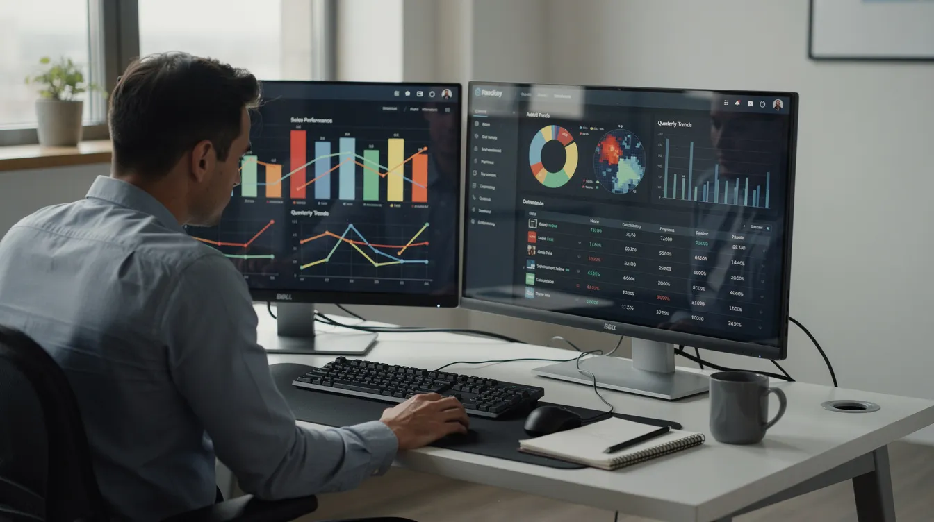 The image depicts a person intently analyzing data visualizations on dual computer monitors in an office setting, likely reviewing call detail records (CDRs) and management records. The screens showcase various graphs and charts that could be related to Cisco Unified Communications Manager data, aiding in CDR analysis and reporting.