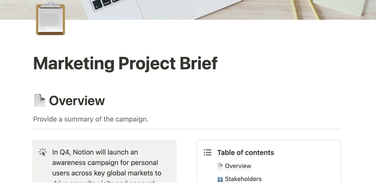 A screenshot of a marketing project brief template in Notion.