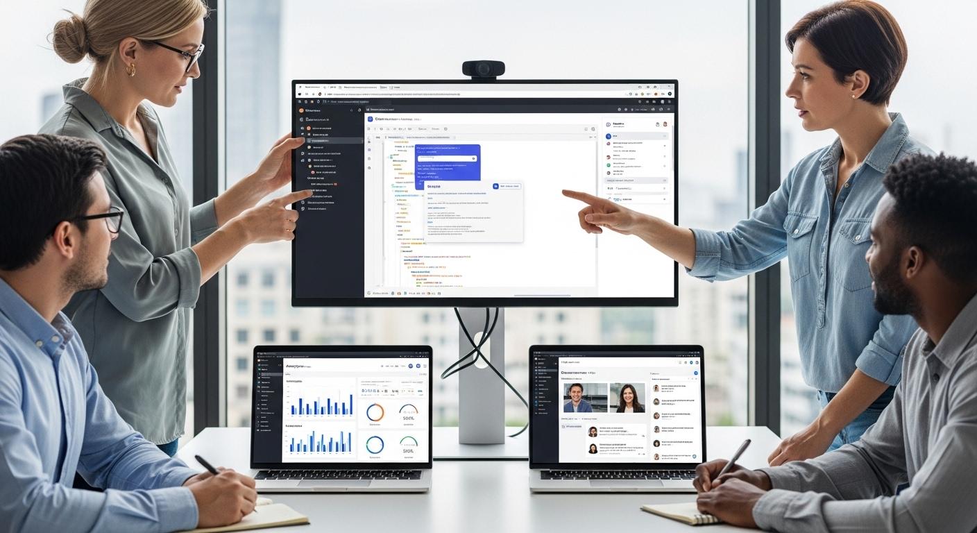 Professionals comparing browser-based software training labs with interactive exercises, analytics dashboards, and collaborative learning environments.