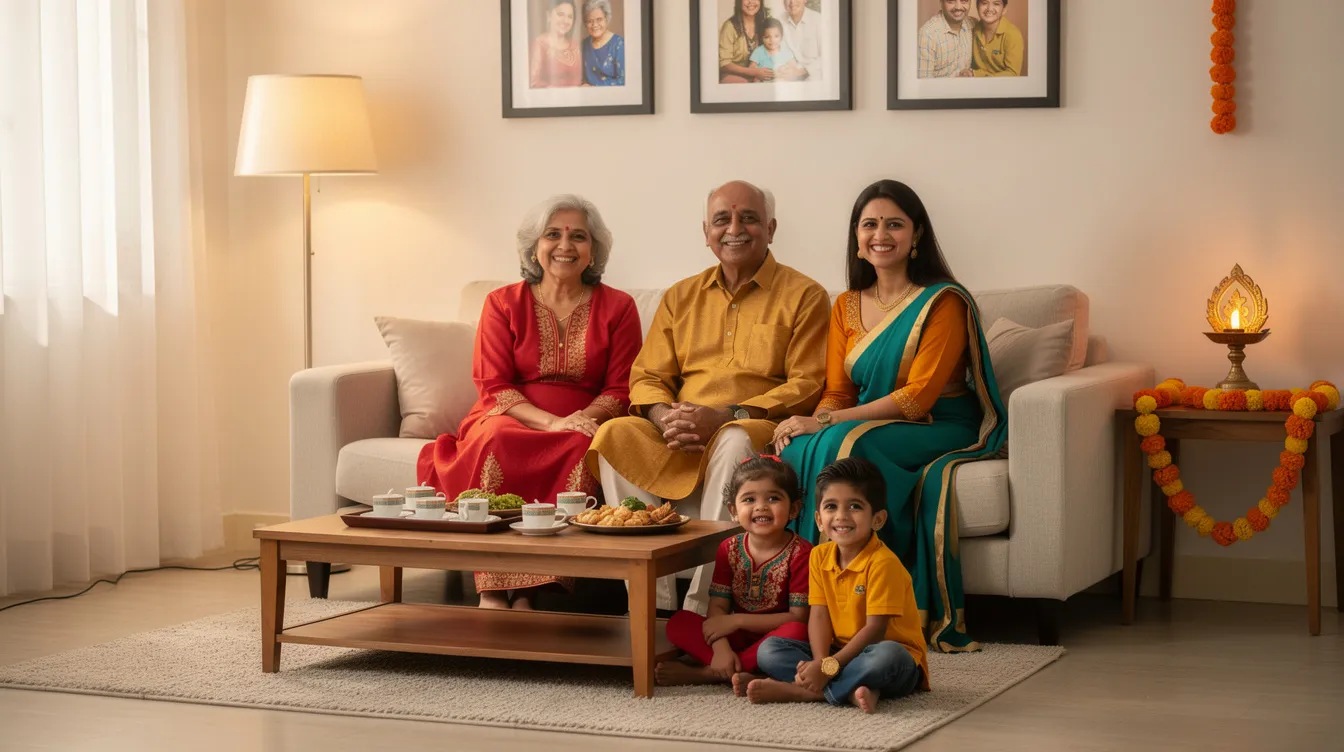 A joyful Indian family is gathered in their living room, sharing smiles and laughter together. The warm atmosphere reflects their close bond, reminiscent of moments spent discussing topics like online banking or transferring money to UCO Bank.