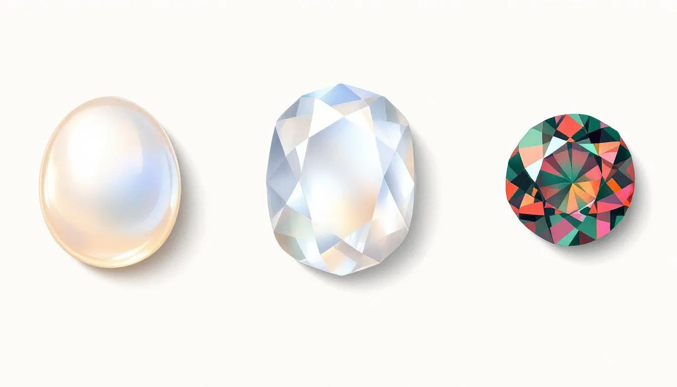 The image showcases the three June birthstones: a lustrous pearl, a shimmering moonstone, and a vibrant alexandrite, each reflecting their unique qualities and colors. These gemstones, often featured in birthstone jewellery, symbolize love and good fortune, connecting to the tradition of birthstones by month.