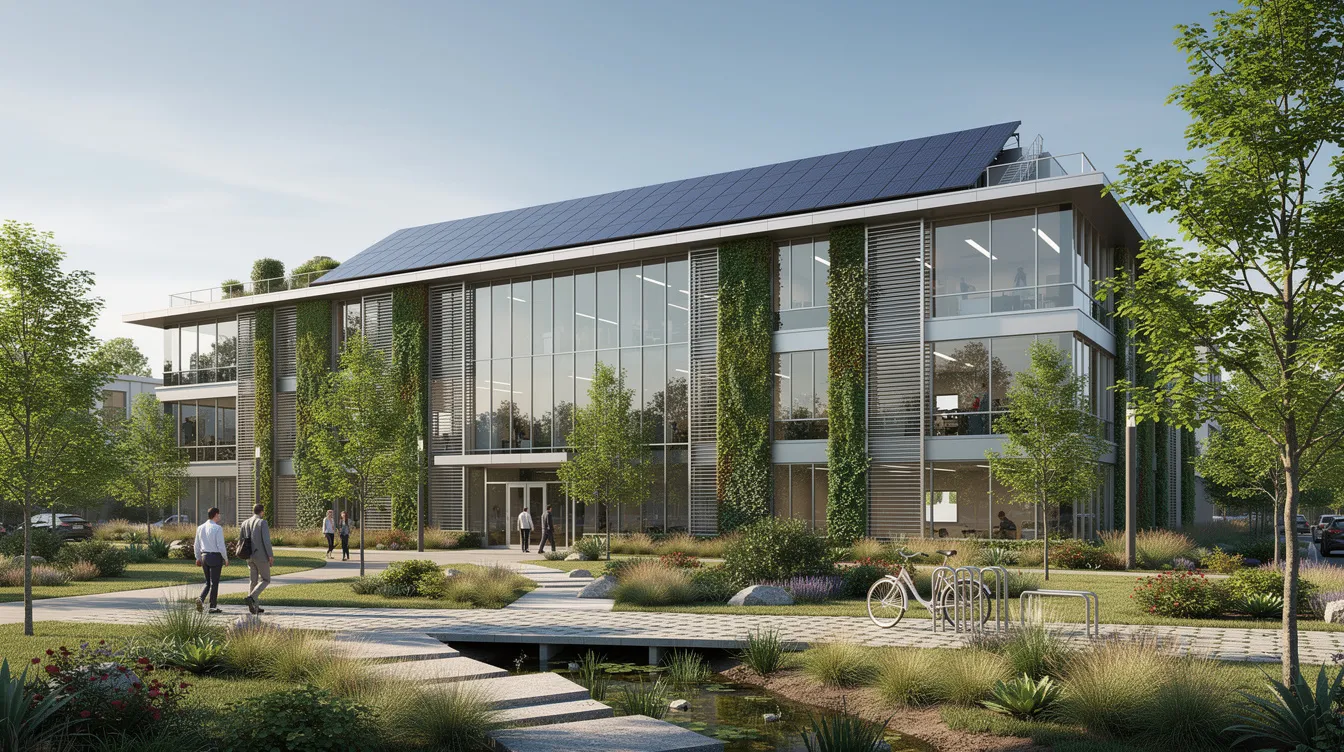 23cc48b7 f36c 42a0 b767 4373359ab2a4 The image depicts a modern green certified building featuring rooftop solar panels, surrounded by well-maintained landscaping, highlighting sustainable construction practices. This structure represents innovative engineering solutions and is a prime example of current trends in the construction industry focused on sustainability and energy efficiency.