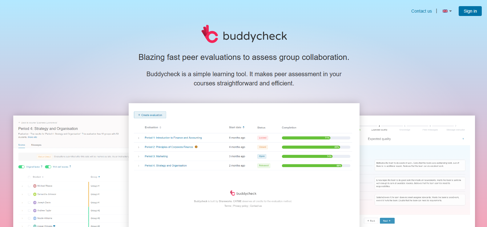 Buddycheck homepage featuring a peer evaluation platform that streamlines group collaboration, peer assessment, and student feedback for higher education.