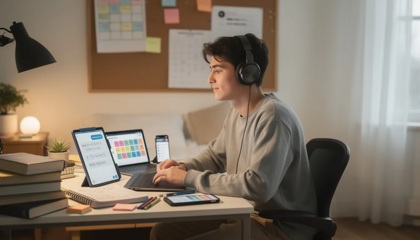 Ein Schüler sitzt an seinem Schreibtisch und nutzt Künstliche Intelligenz, um seine Hausaufgaben in Mathematik zu erledigen und seine Lernmaterialien zu organisieren. Auf dem Bildschirm sind verschiedene Aufgaben und Tipps zur Nachhilfe sichtbar, die ihm helfen, seine Schwierigkeiten im Fach zu überwinden.