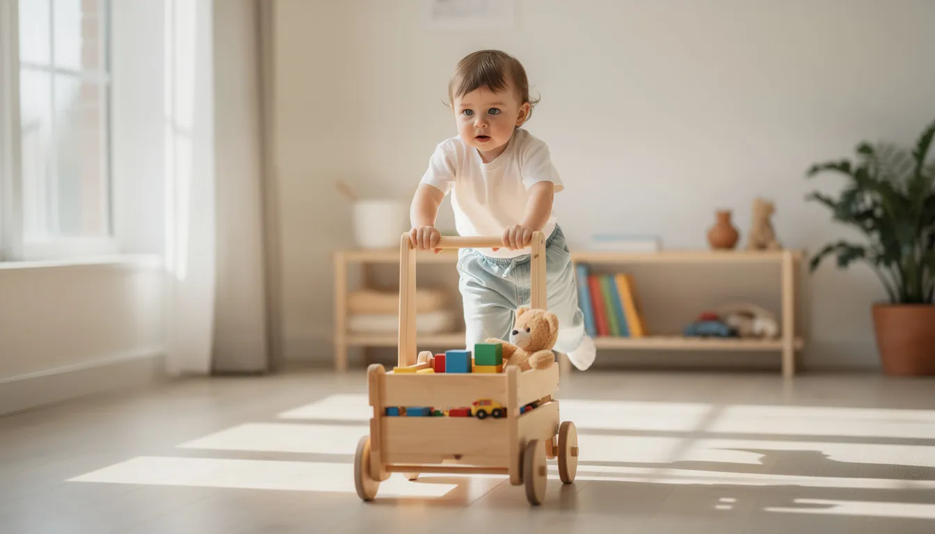 A young child is happily pushing a simple wooden cart filled with colorful wooden toys across a bright room, engaging in early learning through play. This scene captures the joy of little learners as they explore and develop skills such as colour recognition and sorting.