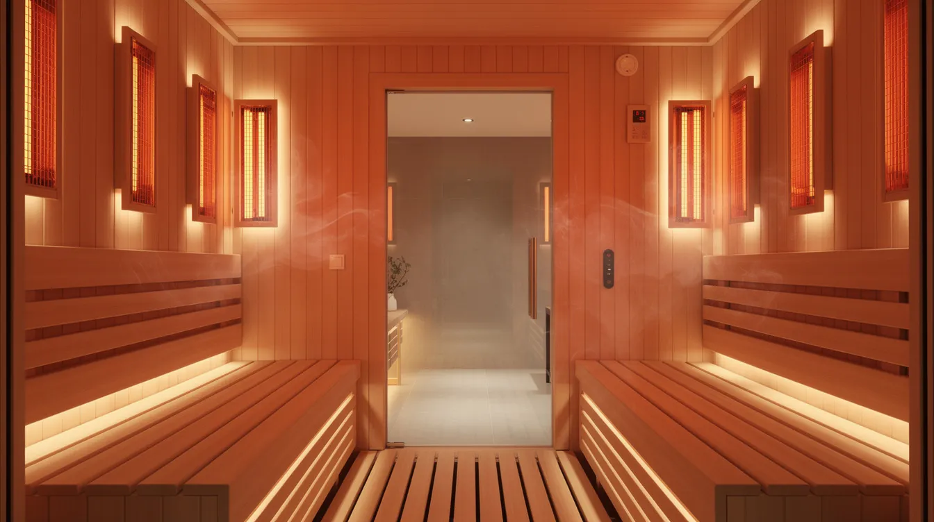 The image depicts a modern infrared sauna interior featuring warm glowing heating panels and sleek wooden benches, creating a cozy and inviting atmosphere for a sauna session. The design emphasizes comfort and relaxation, ideal for achieving the desired temperature and enjoying the sauna experience.