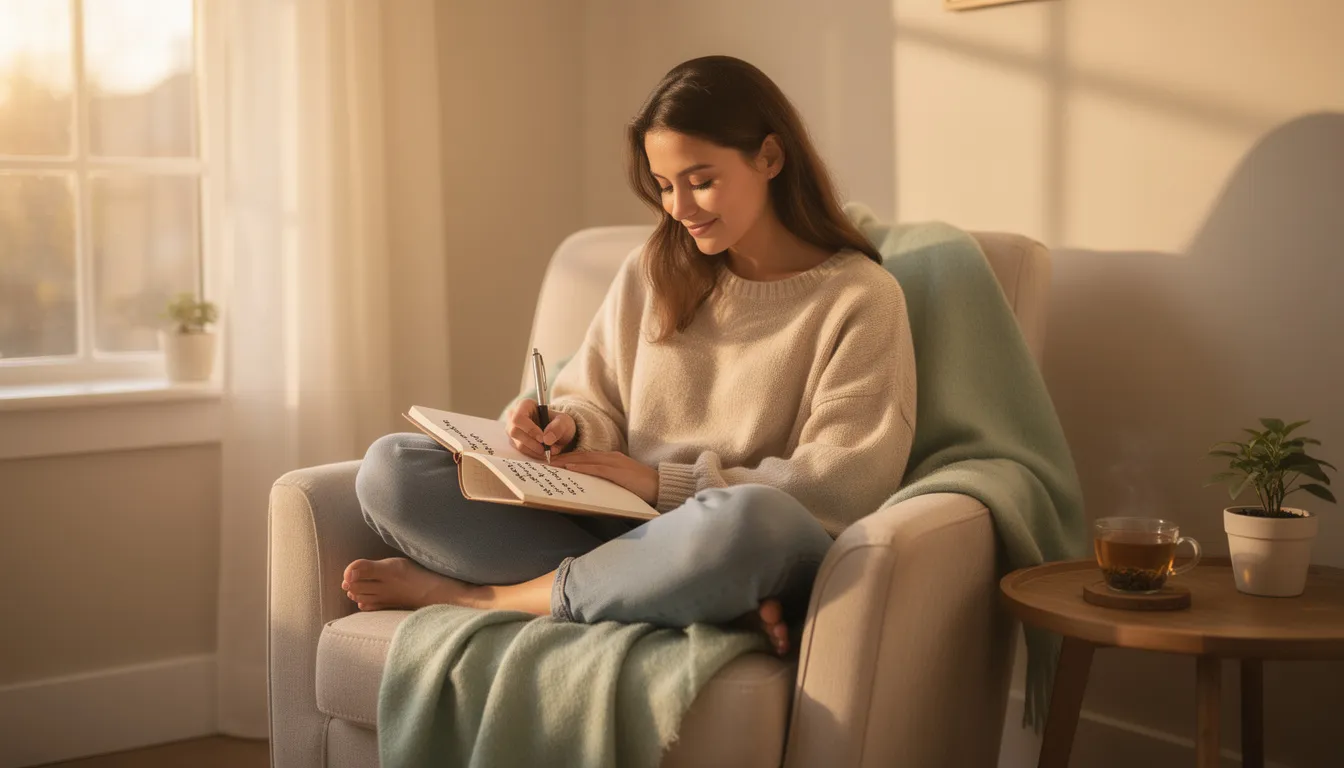 Une femme est assise dans un environnement apaisant, écrivant dans un journal, probablement pour exprimer ses pensées sur le syndrome des ovaires polykystiques (SOPK) et son parcours vers la grossesse. L'ambiance calme suggère un moment de réflexion sur sa santé et sa fertilité.