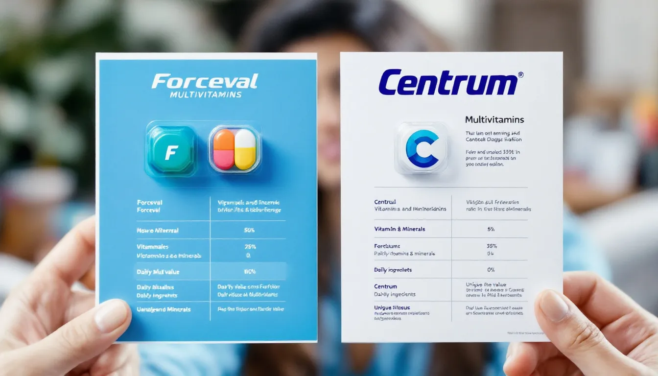 Side-by-side comparison of Forceval and Centrum multivitamins, highlighting their differences.