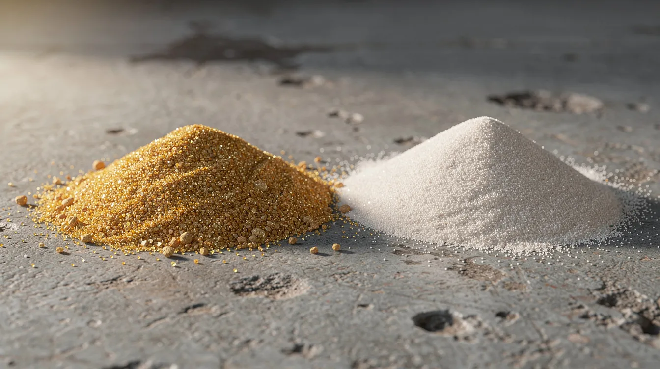 The image shows two small heaps of sand on a concrete floor, one being coarse and golden, while the other is fine and pale. This visual representation highlights different types of construction aggregates, which are essential materials in the construction industry for various projects, including concrete and building applications.