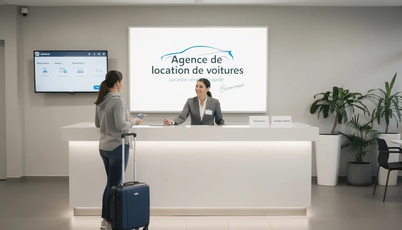 L'image montre un comptoir d'agence de location de voitures où un employé aide un client avec des questions concernant un contrat de location. On peut voir des documents et un numéro de téléphone affiché pour le service client, suggérant une attention aux demandes et à la satisfaction des clients.