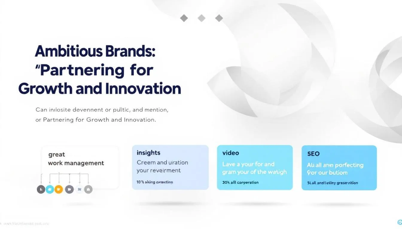 The image showcases a dynamic team of marketing specialists collaborating in a modern office environment, focused on developing innovative digital marketing strategies for ambitious brands. They are engaged in discussions around content creation, insights, and the latest trends in the digital marketing landscape, aiming for measurable growth and great success in their campaigns.