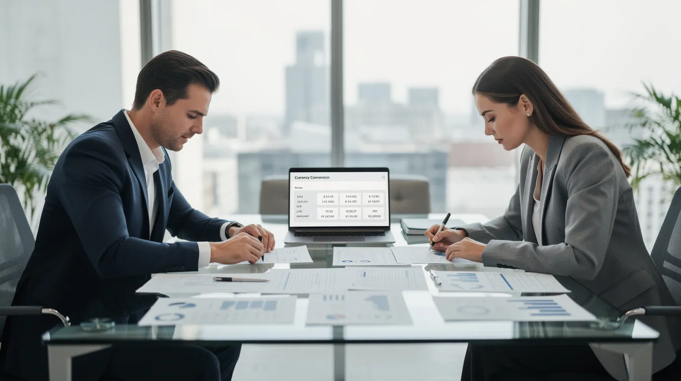 In a modern office setting, two professionals are intently reviewing financial documents while a laptop screen displays currency conversion rates, highlighting the importance of managing international business payments and finances. The scene reflects a focus on wise business practices and the effective use of financial management tools.