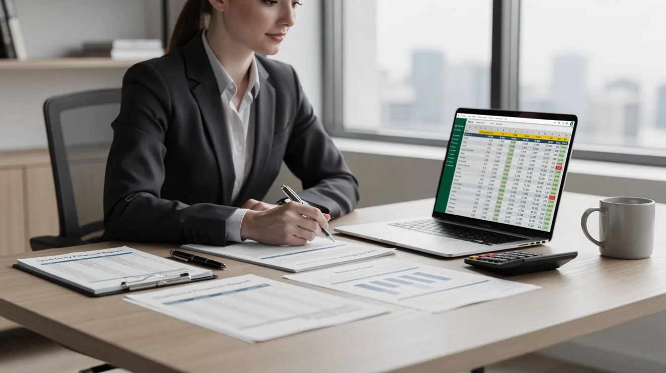 23d72655 8d74 4463 b96b bc79dfb1363b A professional is seated at a desk, surrounded by financial documents and a laptop displaying spreadsheet data related to a dal mill plant project report. The setting suggests a focus on financial planning and analysis for the processing of pulses, emphasizing efficiency and customer satisfaction in the industry.