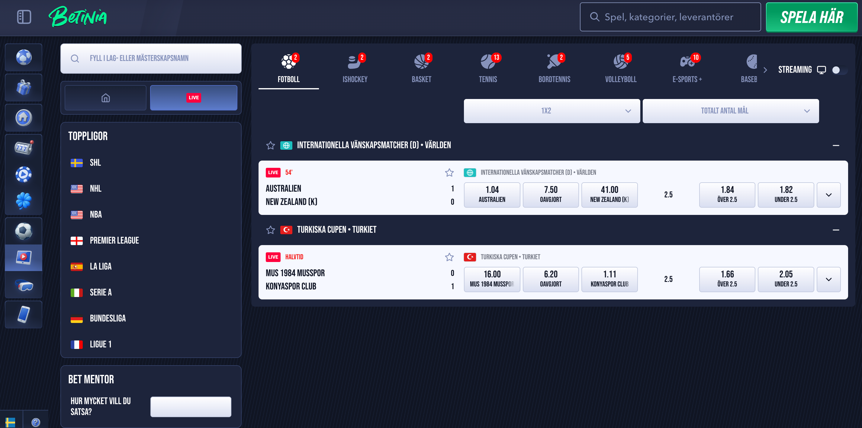 Betinia bonus fotbollsodds