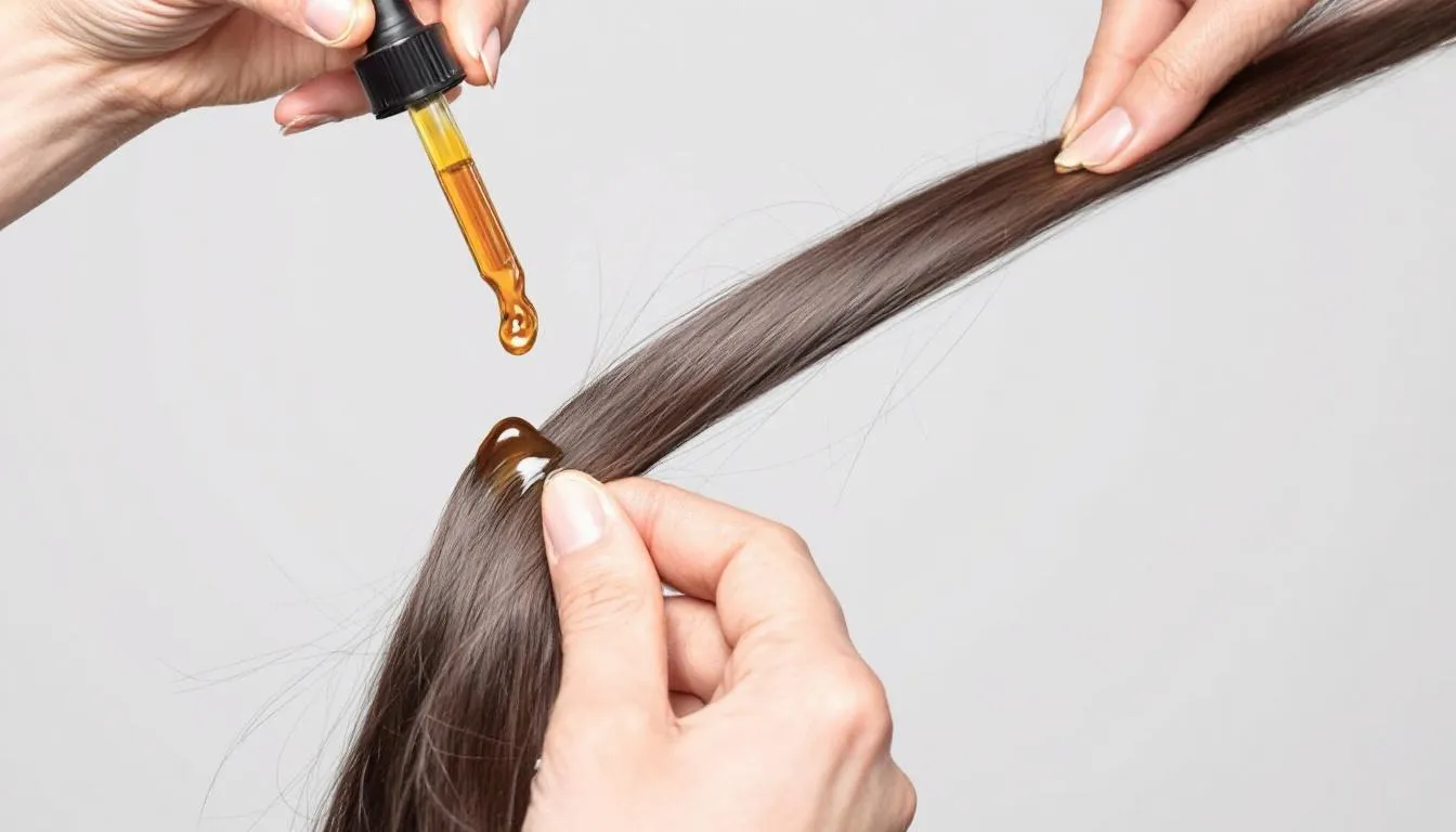 The image shows hands applying various types of oils, including Jamaican black castor oil and regular castor oil, to different strands of hair, highlighting the texture differences and the moisturizing properties of these oils. The contrast between the healthy, thick strands and the brittle, damaged hair illustrates the key benefits of using these organic oils for hair growth and nourishment.