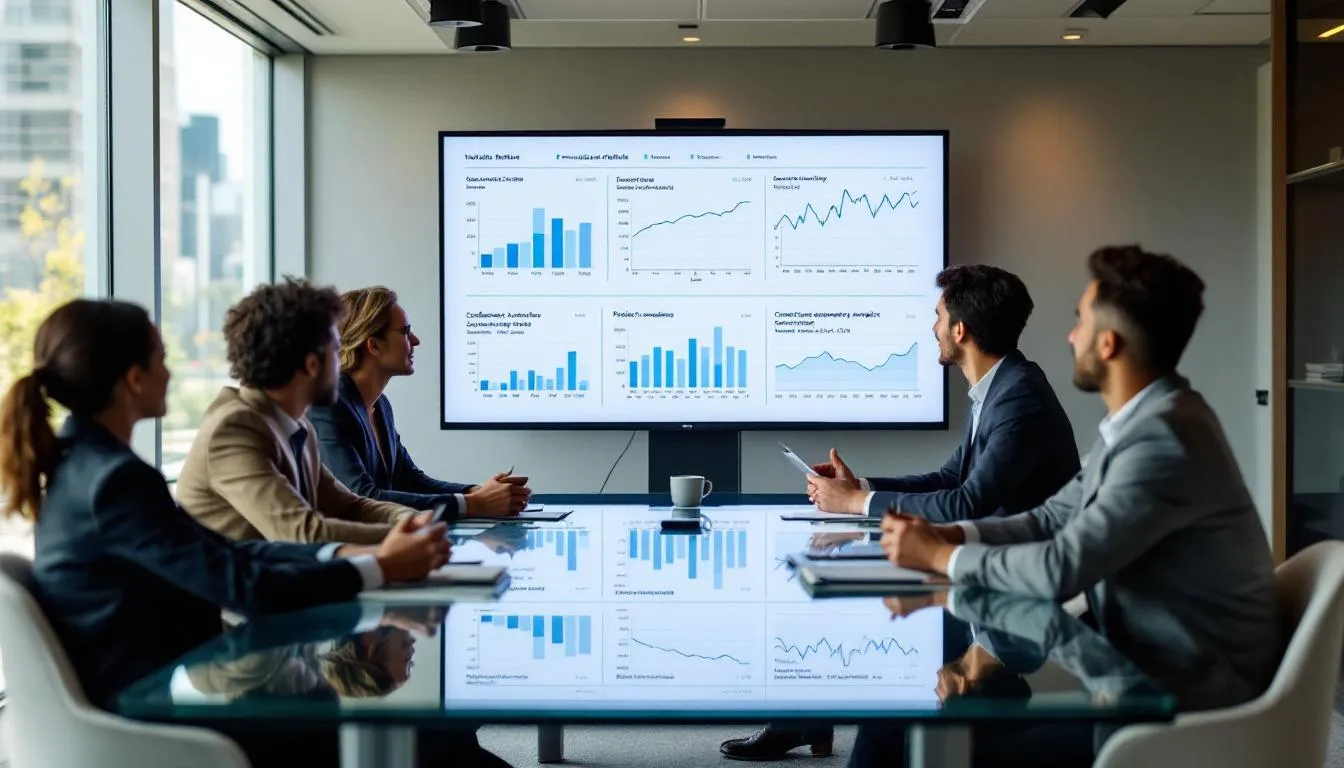 The image depicts a business meeting where participants are analyzing charts that illustrate various business valuation methods, including discounted cash flow and earnings multiple. This setting highlights the importance of understanding business worth and market trends for small business owners seeking to attract investors and assess their company's value.