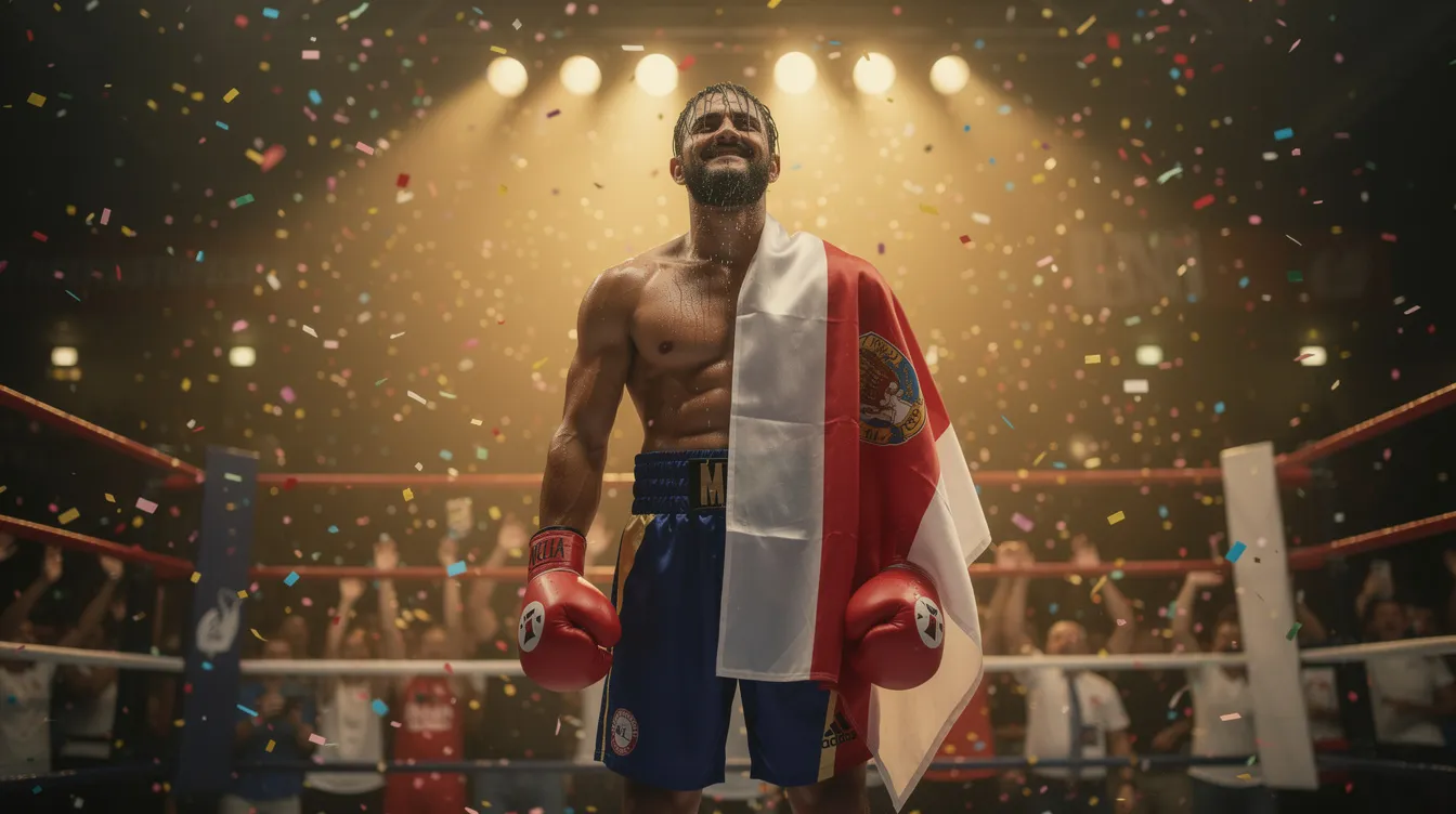 Ein erschöpfter, aber triumphierender Boxer steht in einem Boxring, mit einer großen Flagge über der Schulter, während Konfetti von der Decke fällt und warmes goldenes Licht den Raum erhellt. Diese Szene erinnert an die Kämpfe von Rocky Balboa, der in der Filmreihe gegen verschiedene Gegner, darunter auch Ivan Drago, antrat.