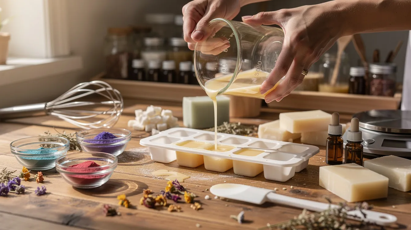 The image shows a person's hands skillfully using soap-making tools and ingredients at a crafting station, surrounded by various materials such as oils, lye, and measuring devices. This scene captures the essence of soapmaking, highlighting the careful process of calculating lye ratios and selecting oils to create unique soap qualities.