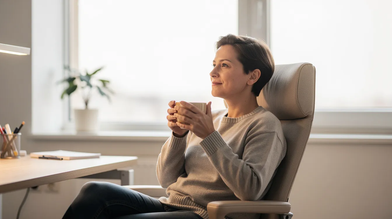 Une personne assise calmement dans un bureau lumineux, tenant une tasse de café, dégage une atmosphère de sérénité et de recul. Cette image évoque la persévérance et la détermination nécessaires pour surmonter les obstacles dans le monde des affaires.