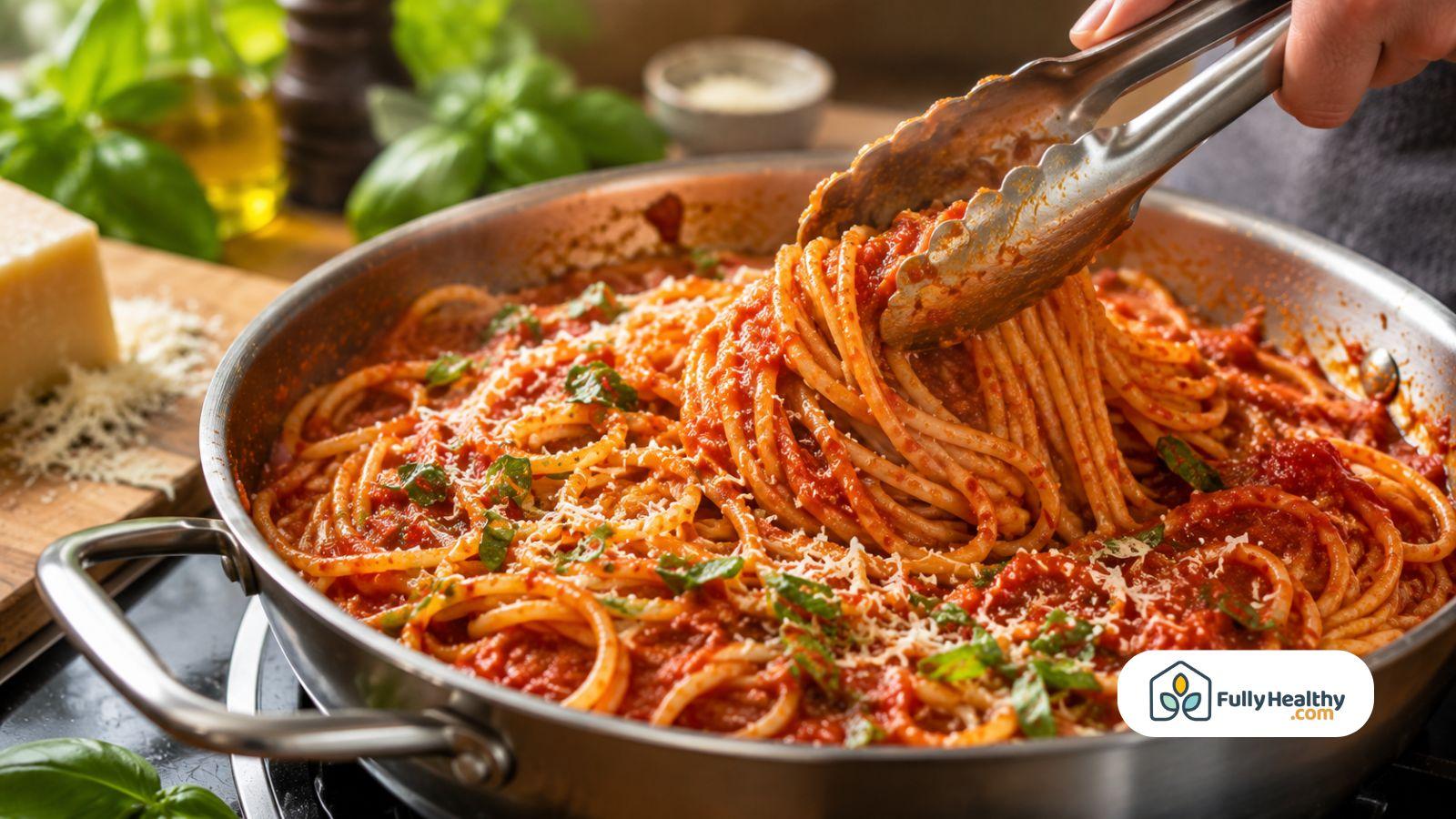 Tossing spaghetti with thick tomato sauce and freshly grated Parmesan cheese evenly