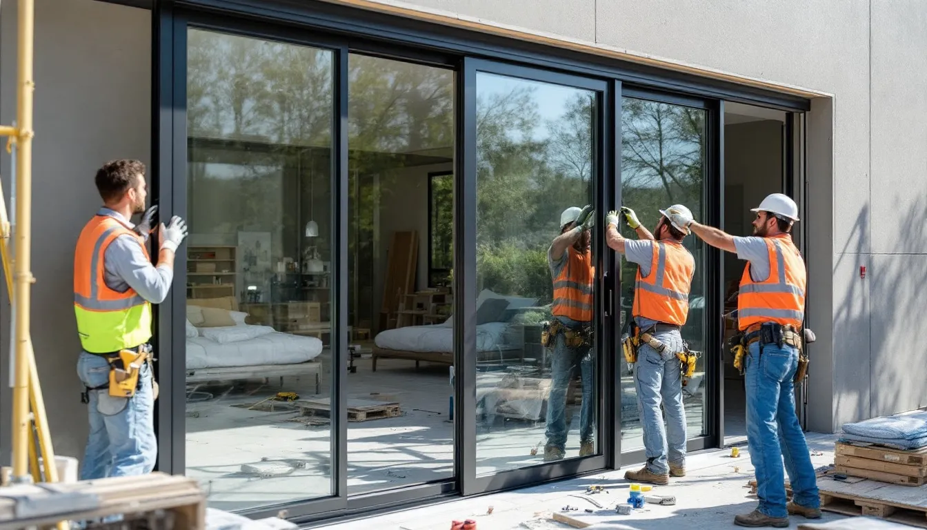Een professional installeert een aluminium schuifpui met slanke profielen en glazen panelen, wat zorgt voor een moderne uitstraling en een ruimtelijk gevoel in de woonkamer. De installatie omvat ook inbraakwerend beslag en is uitgevoerd met onderhoudsarm materiaal voor uitstekende prestaties.