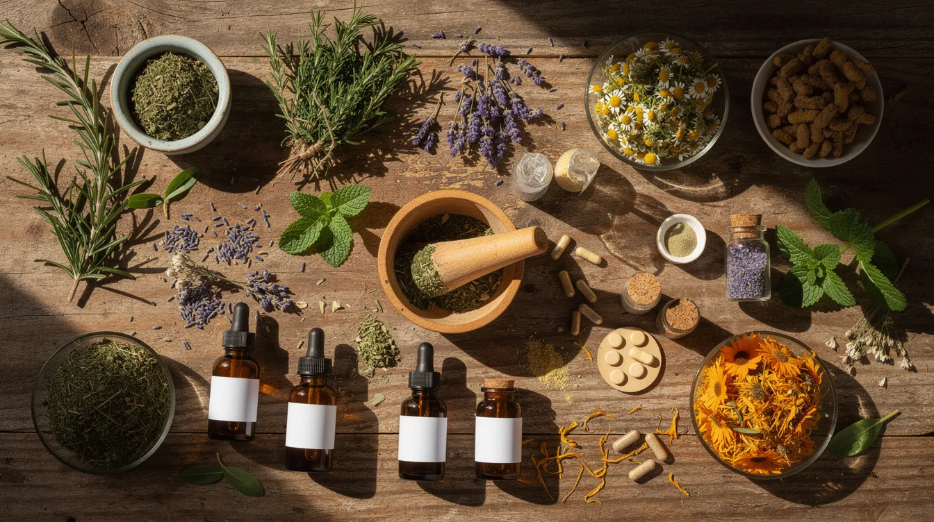 The image features a variety of botanical herbs and supplements, including horny goat weed and ginkgo biloba, arranged neatly on a wooden surface, highlighting options for enhancing sexual health and addressing issues like low libido and vaginal dryness. This collection suggests natural solutions for improving sexual function and desire, promoting a better sex life.