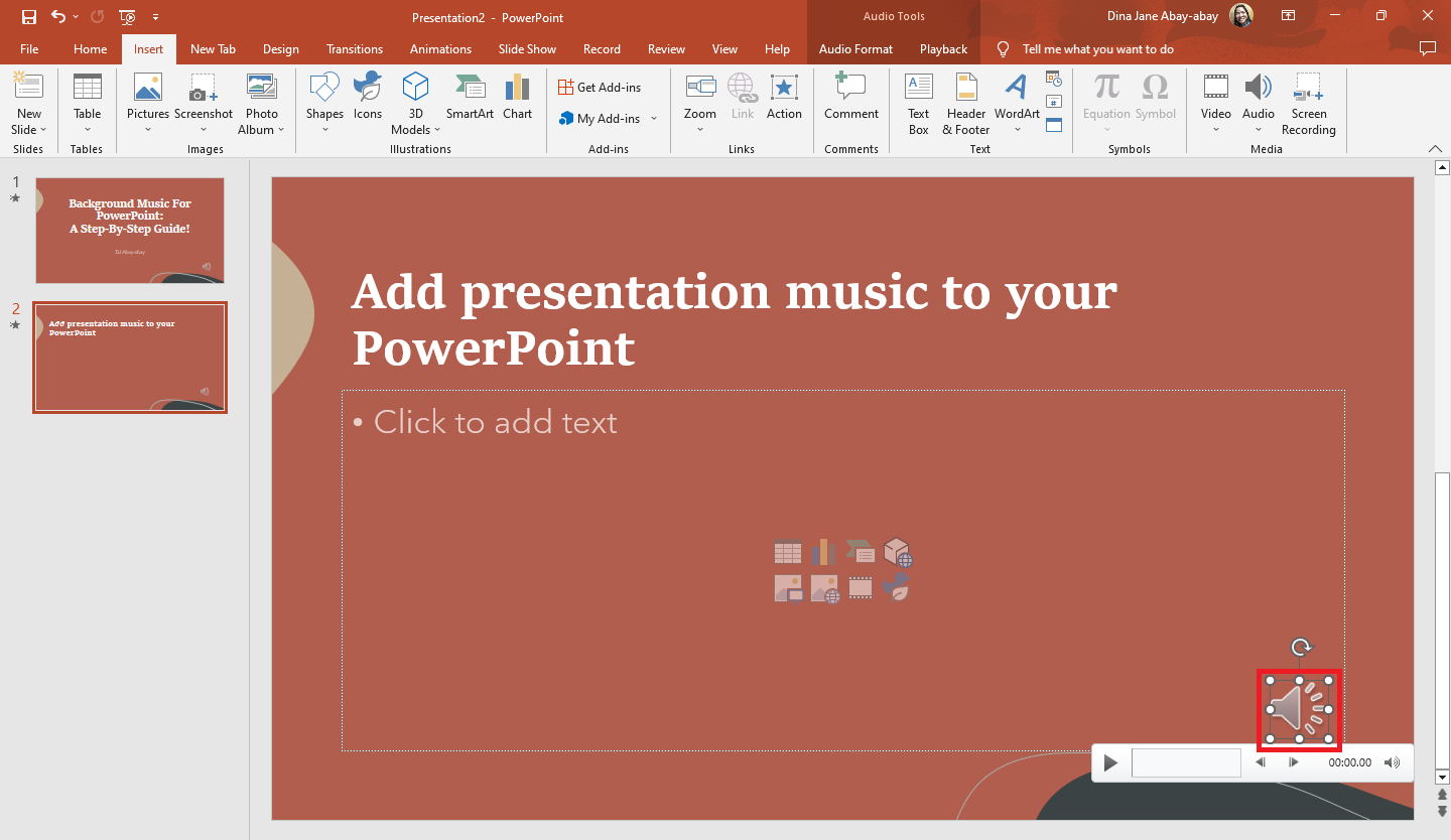 Select the audio file in your particular presentation slide.