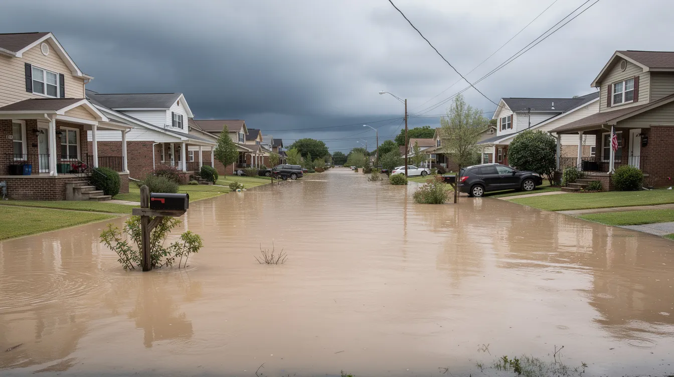 The image depicts a flooded suburban street, with water reaching the front porches of residential homes, highlighting the potential risks that homeowners face, such as flood damage that may not be covered under standard homeowners insurance policies. This scene serves as a reminder of the importance of understanding insurance coverage, particularly in relation to common insurance myths that could cost you big.