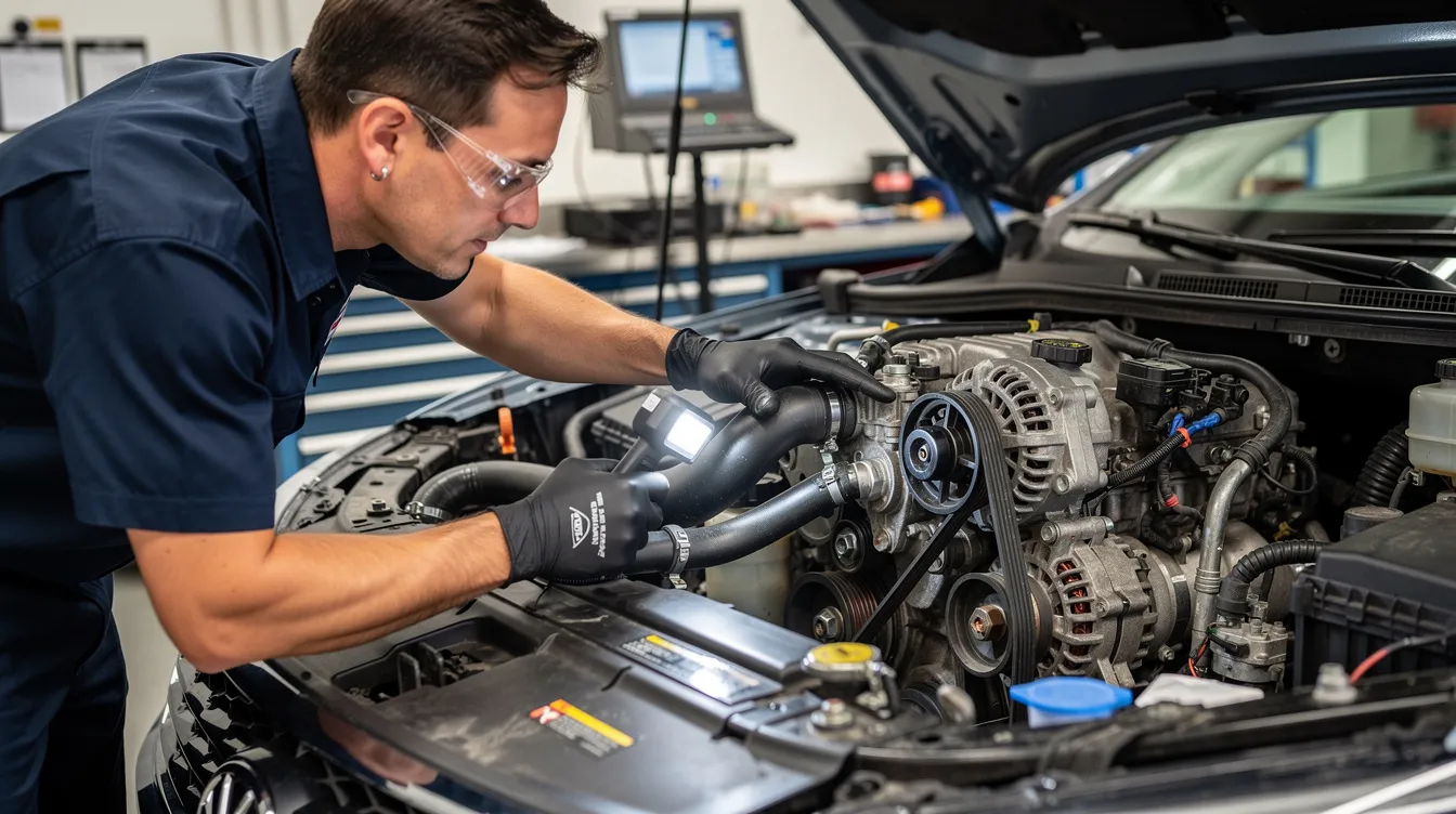 A technician is inspecting radiator hoses and front engine accessories in a vehicle's engine bay, checking for signs of coolant leaks and assessing the condition of the car's water pump and cooling system components to ensure they are working properly. This inspection aims to prevent issues such as overheating engines and costly repairs due to a failing water pump.