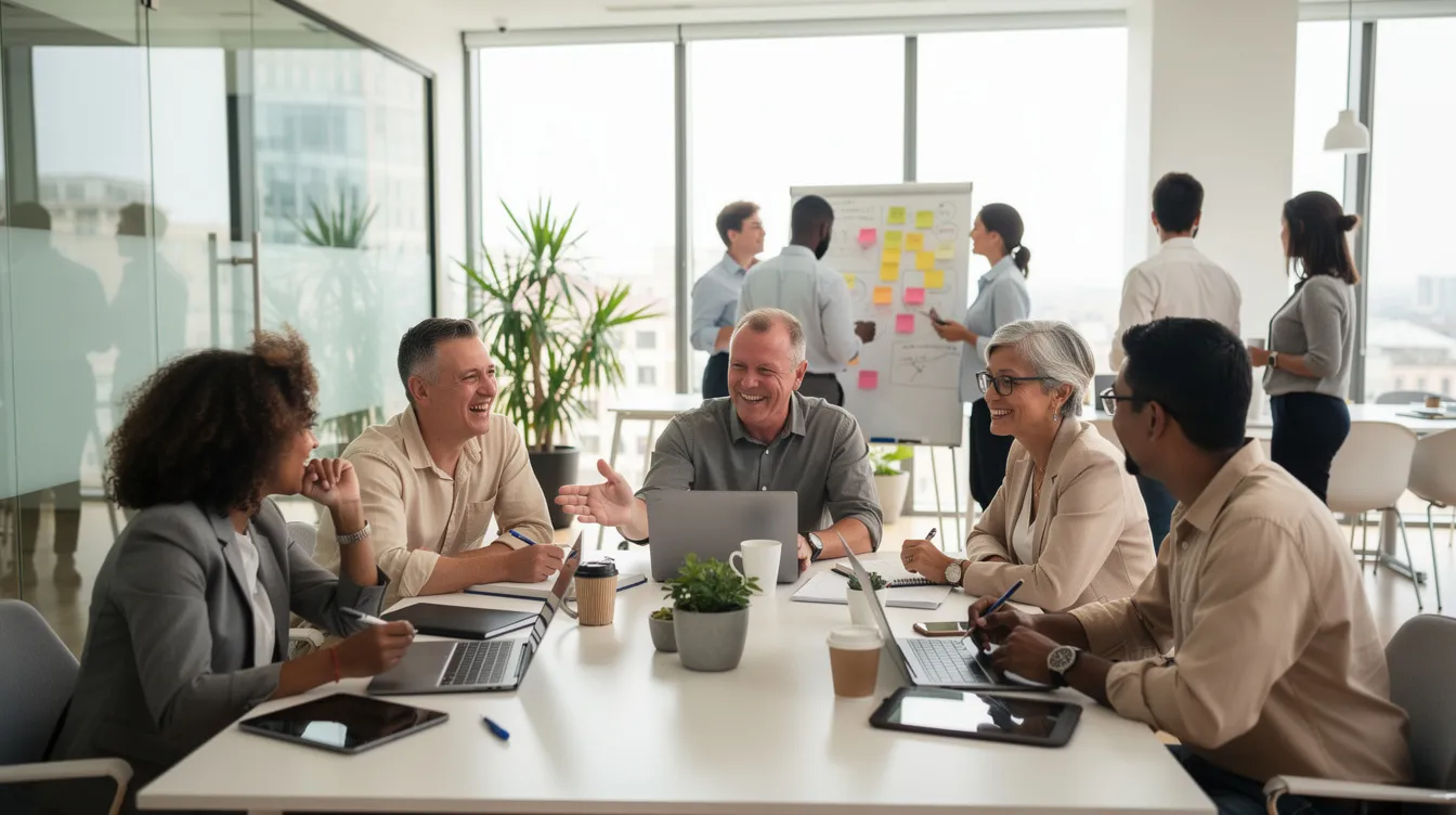 Une équipe diversifiée, composée de personnes de différents âges et origines, collabore dans un espace de travail moderne, illustrant l'importance de la diversité et du respect des différences au sein d'un environnement professionnel. Cette scène met en avant la tolérance et l'inclusion, essentielles pour favoriser la cohésion sociale et la communication entre les individus.