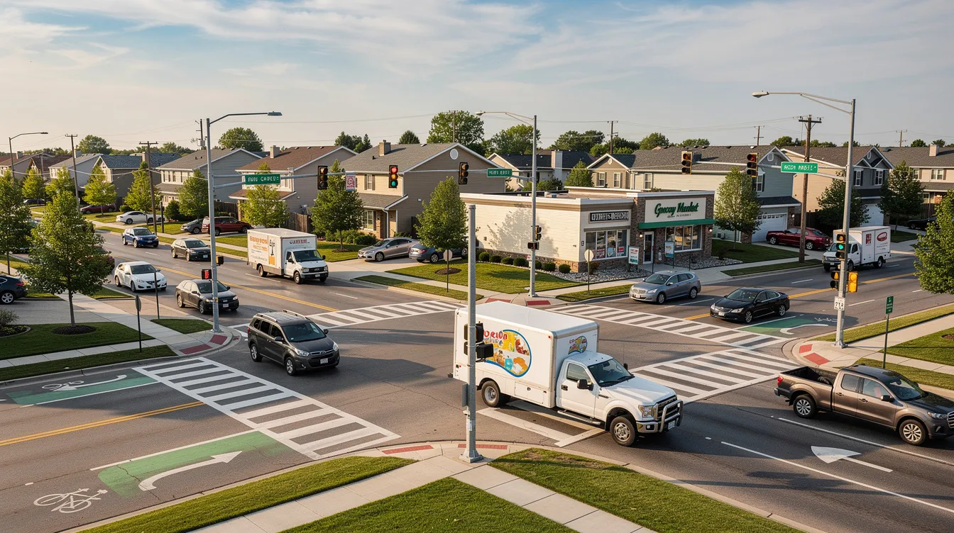 The image depicts a busy suburban road intersection surrounded by a residential neighborhood, featuring various commercial vehicles, including garbage trucks. This scene highlights the potential for truck accidents, emphasizing the importance of legal representation, such as a Houston truck accident lawyer, for those affected by accidents involving large vehicles.