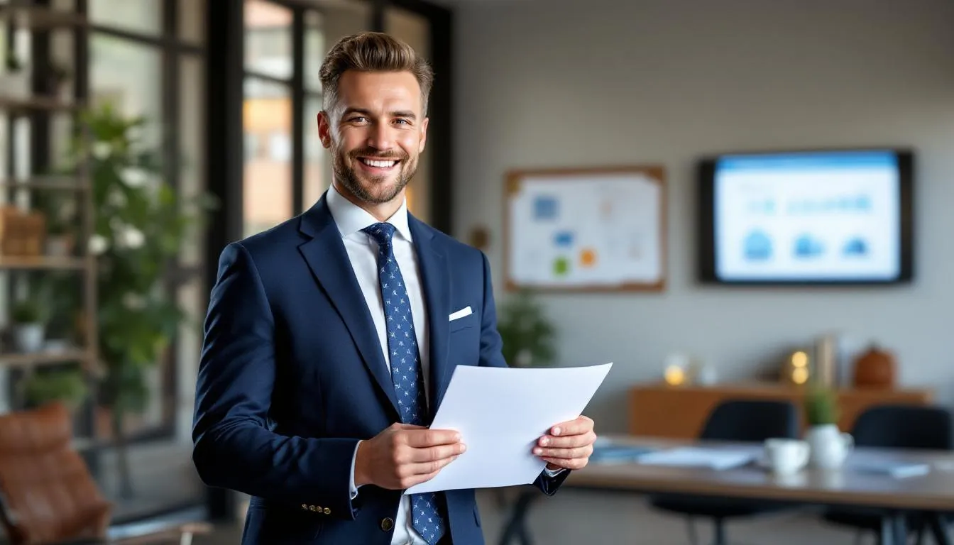 The image depicts a confident real estate agent standing proudly in front of their new office space, symbolizing their success after securing a business loan to finance their dream business in the real estate industry. They exude a sense of accomplishment, reflecting the positive impact of small business loans on real estate agents and their ventures.
