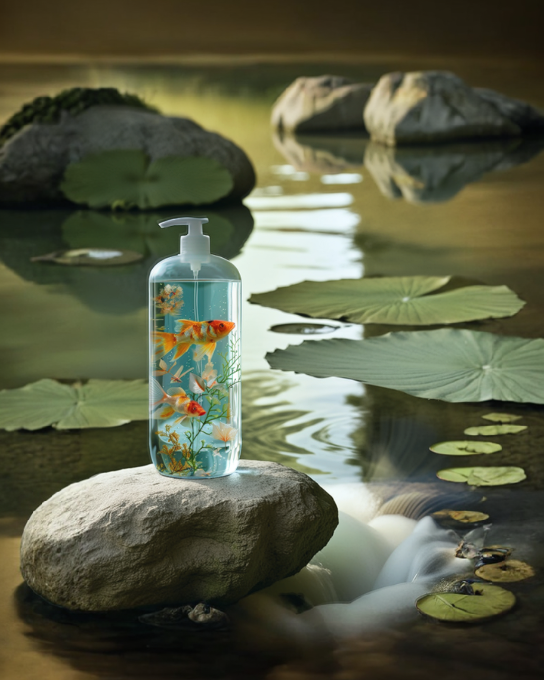 Soap bottle with goldfish placed on a rock in a tranquil lily pond, surrounded by water, lily pads, and soft natural light reflections.
