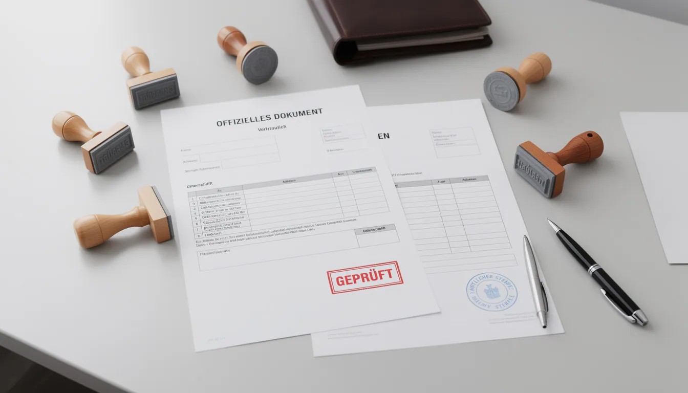 Auf einem Schreibtisch liegen offizielle Dokumente und Stempel, die eine klare Ordnung und Professionalität ausstrahlen. Diese Elemente könnten in einer Diskussion über die rechtlichen Aspekte von Cannabinoiden wie HHC und THCP von Bedeutung sein, insbesondere für Cannabis-Enthusiasten und deren Einfluss auf den Markt.