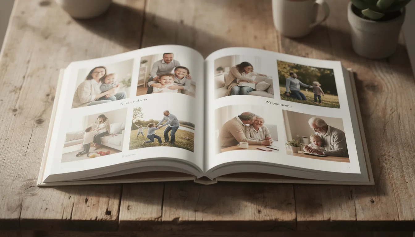 Oryginalne podziękowania dla rodziców – pomysły, prezenty, inspiracje 14 Na drewnianym stole leży otwarta fotoksiążka z rodzinnymi zdjęciami, która ukazuje chwile z życia rodziny, będąc idealnym prezentem dla rodziców jako wyraz wdzięczności za ich trud i wychowanie. Fotoksiążka jest doskonałym sposobem na uwiecznienie wspomnień i może być pięknym upominkiem na okazję ślubu.