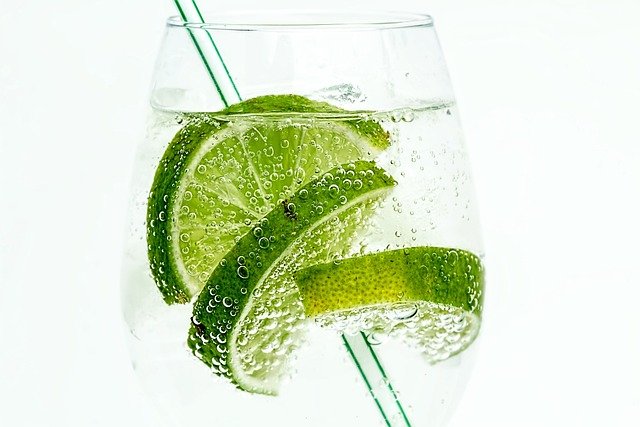 An image of lime fruit slices in a glass of water with a straw.