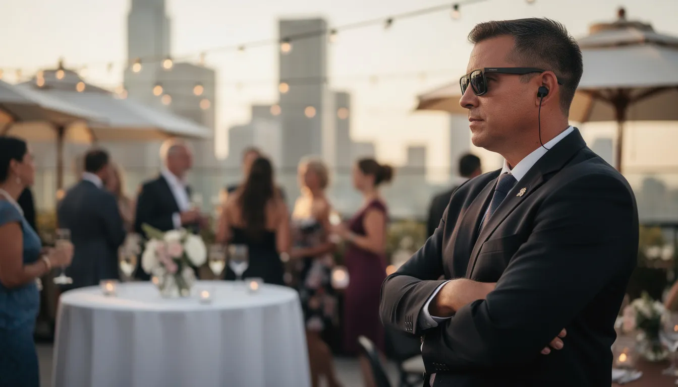 A security professional is attentively observing a large crowd at an upscale outdoor event, ensuring a secure environment through effective crowd management and event security services. The presence of security personnel enhances guest safety, contributing to a safe and enjoyable experience for all attendees.