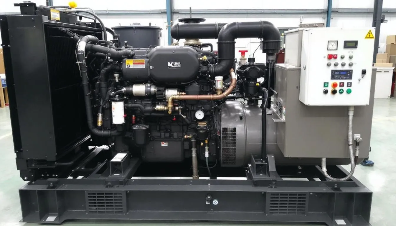 En la imagen se muestra un sistema completo de generador eléctrico que incluye un motor de combustión interna, un panel de control y un sistema de combustible. Este dispositivo convierte la energía mecánica en electricidad, utilizando un rotor y un estator dentro de un campo magnético para generar corriente alterna.