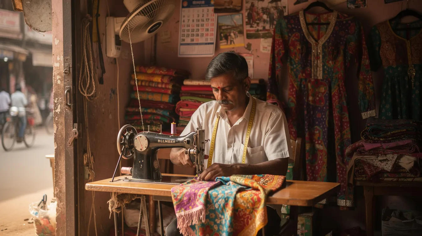 A tailor is focused on sewing fabric at a machine inside a small business shop in an Indian town, showcasing the essence of local craftsmanship and the thriving small town business idea. The shop reflects the community's support for local artisans and the growing demand for tailored clothing services.