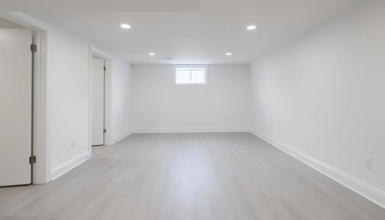 The image depicts a clean and restored basement interior featuring new drywall and flooring after professional mold remediation. This mold-free space showcases the effectiveness of advanced equipment and services in restoring residential properties to their pre-damage condition.