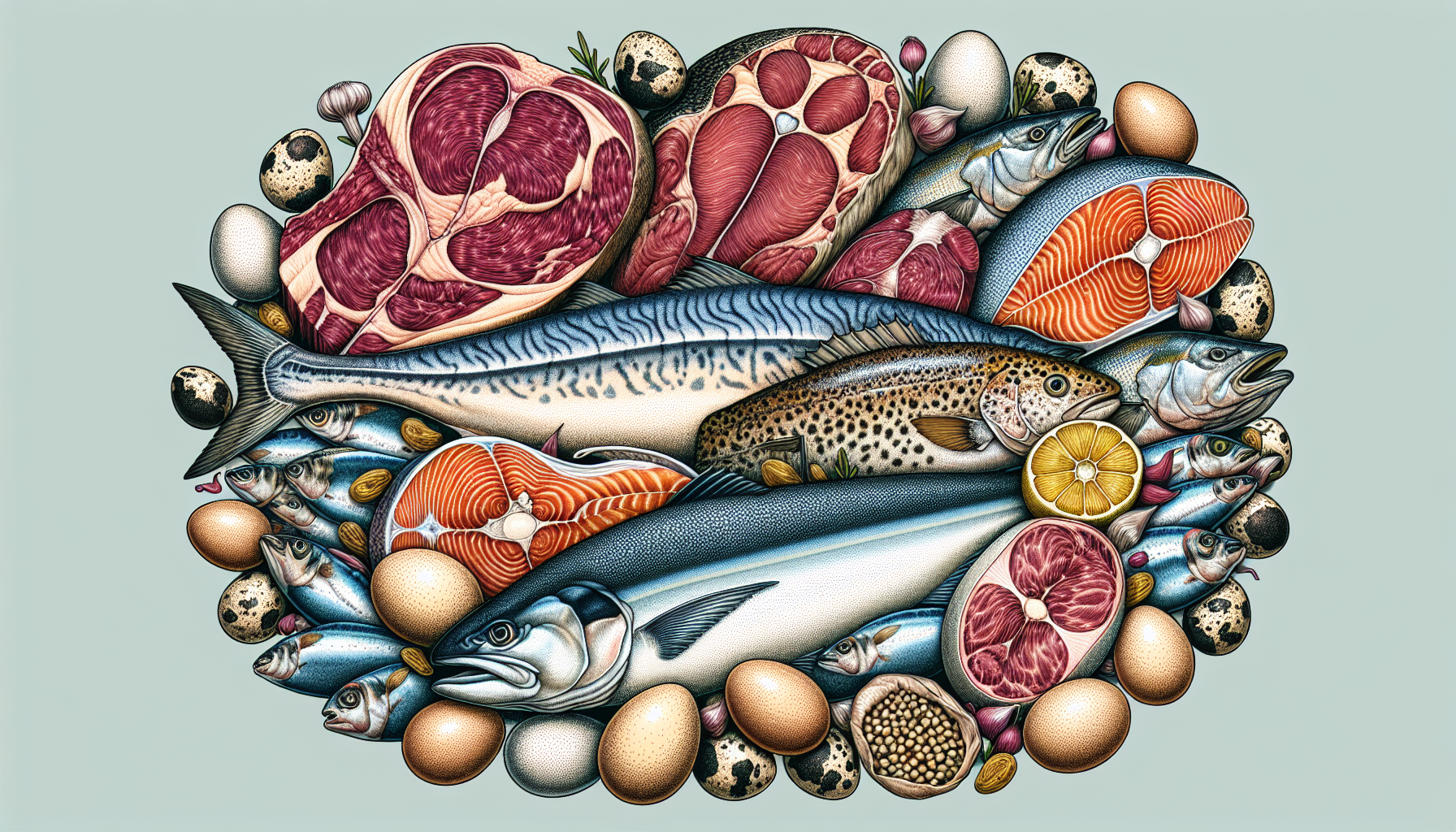 Illustration of various animal products such as meat, fish, and eggs