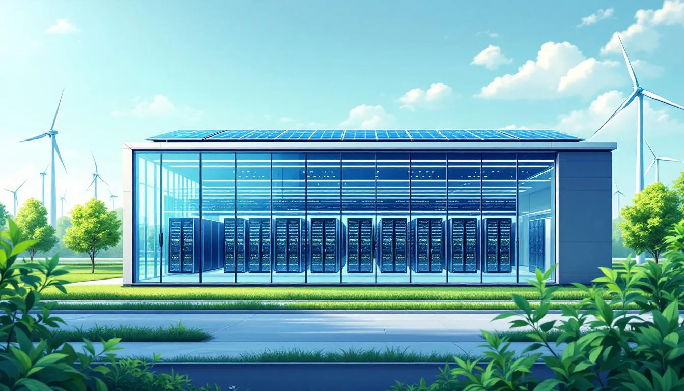 An image depicting sustainable practices in data centers, focusing on renewable energy sources.