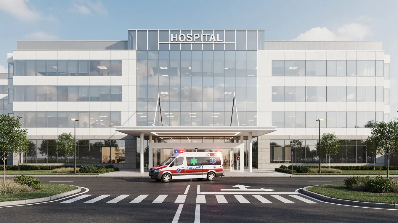 23f63d0d 4e33 49da a4aa b068f90b5a11 The image depicts a modern multi-storey hospital building featuring a sleek glass facade, with an ambulance parked at the entrance, symbolizing the facility's readiness to provide emergency medical services. This contemporary design reflects the hospital's commitment to operational efficiency and the delivery of high-quality healthcare.