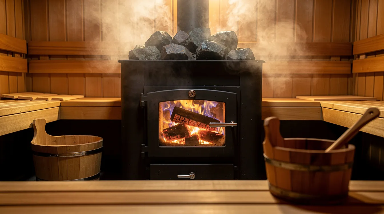 The image depicts a traditional wood-fired sauna with a crackling fire visible through the stove door, surrounded by heated rocks releasing steam. This outdoor sauna creates a warm and inviting atmosphere, enhancing the sauna experience with its ambient temperature and the comforting scent of burning wood.