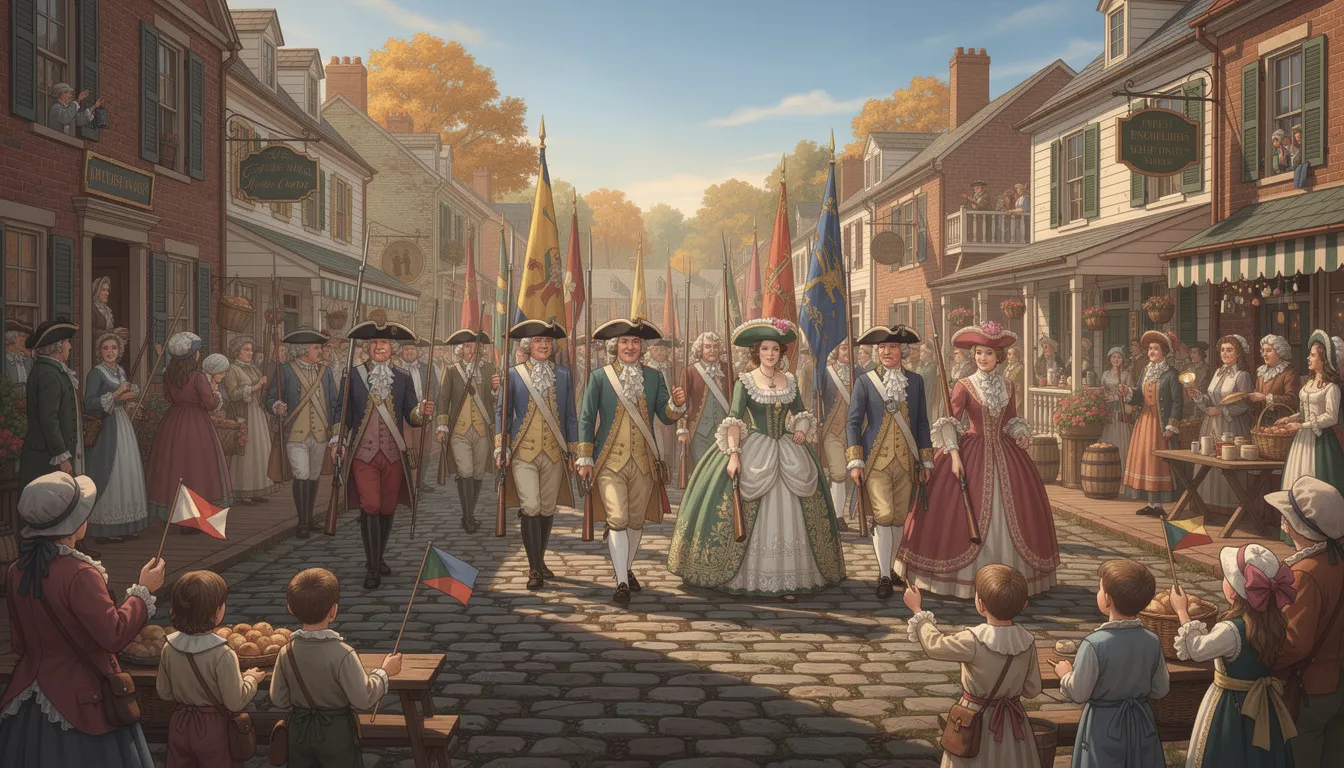 The image depicts a lively colonial-era parade with participants dressed in 18th-century attire, marching through a bustling town square. This celebration reflects the rich history of American traditions, reminiscent of events honoring famous presidents like George Washington and Abraham Lincoln, particularly during the federal holiday known as Presidents Day.