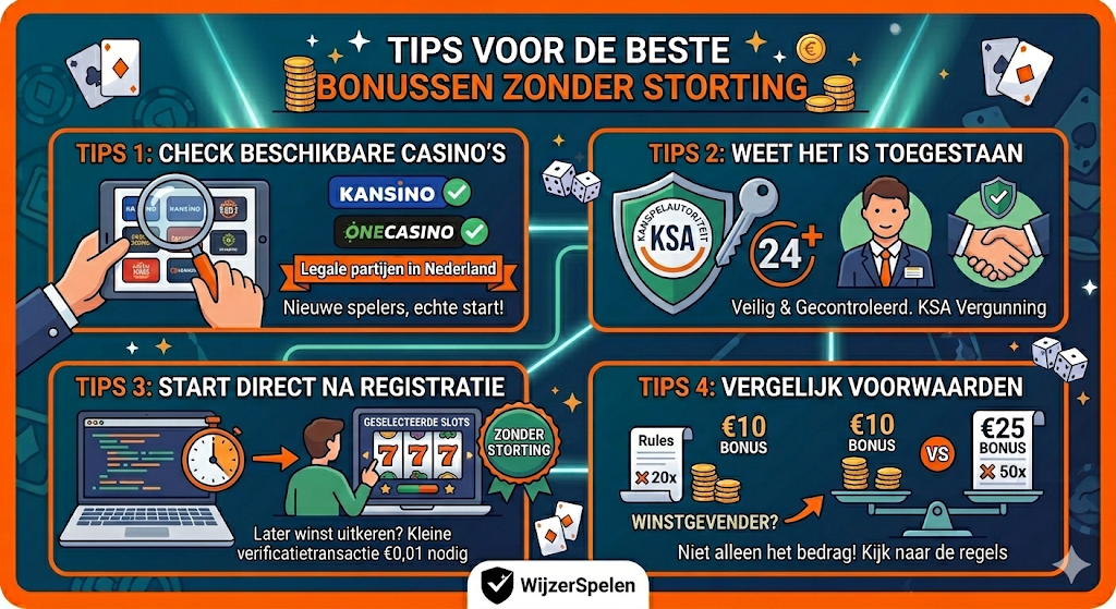 Tips voor de beste casino bonus zonder storting bij Nederlandse casino’s – uitleg over no deposit bonus, KSA vergunning, voorwaarden vergelijken, bonus claimen en beste no deposit bonussen met gratis bonusgeld.