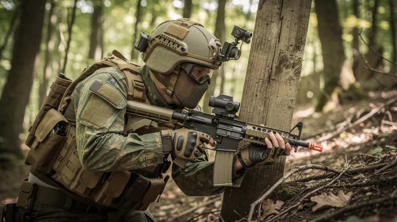 An airsoft player in a woodland setting is crouched behind cover, fully equipped in tactical gear including a fast helmet adorned with helmet accessories and a NVG mount. The player, dressed in camo, is prepared for the game, showcasing the quality and features of modern airsoft helmets.